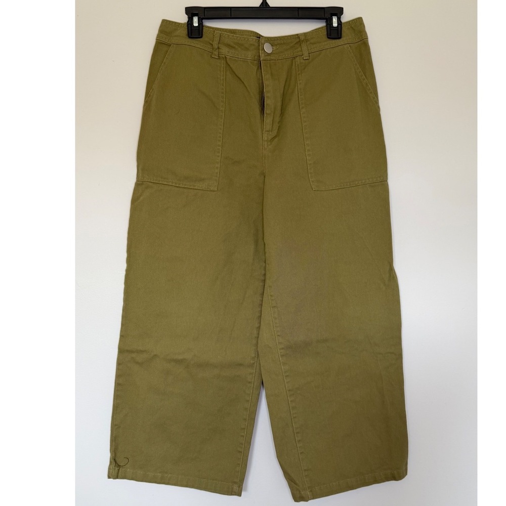 Who What Wear Women Olive Green Wide Leg Utility Crop Pants Cotton Size 12